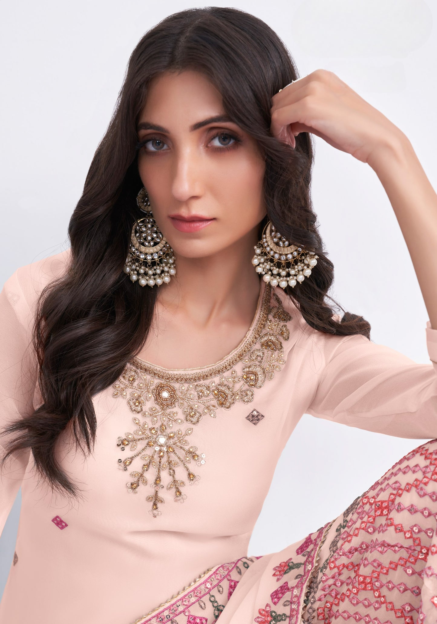 Coral Peach Embroidered Georgette Sharara Suit