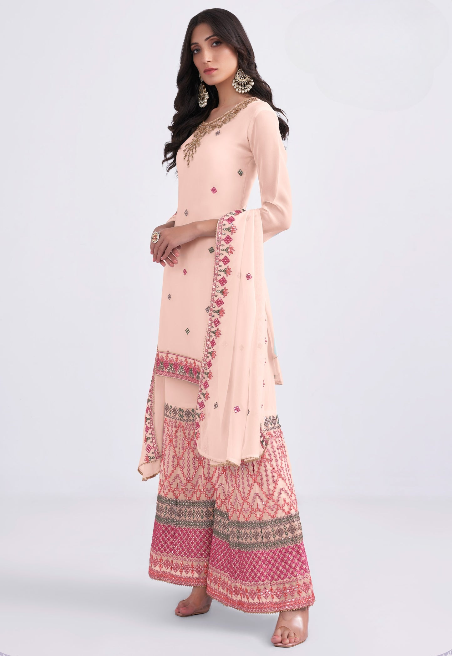 Coral Peach Embroidered Georgette Sharara Suit