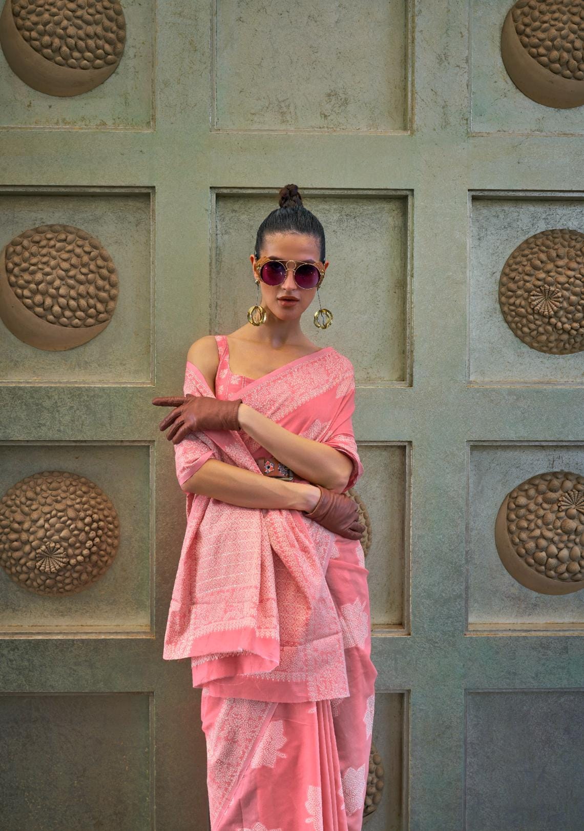 Rose Pink Weaved Lucknowi Chikankari Saree