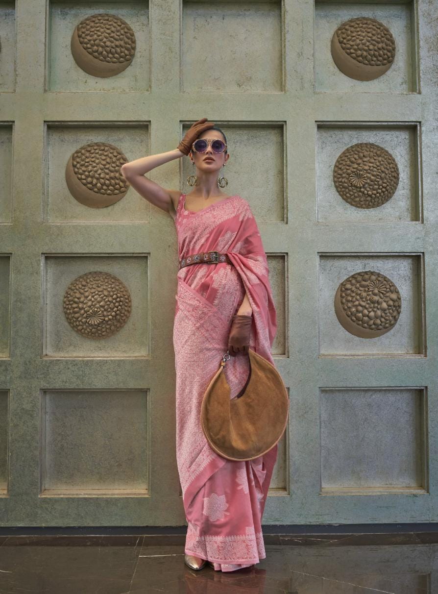 Rose Pink Weaved Lucknowi Chikankari Saree