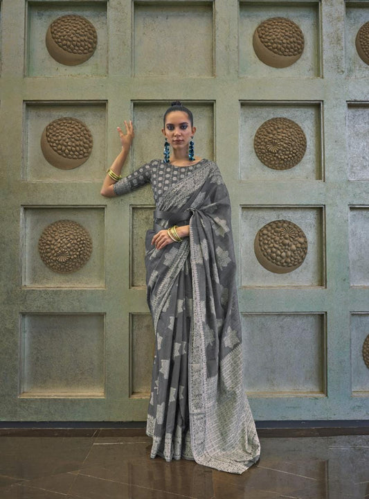 Steel Grey Weaved Lucknowi Chikankari Saree