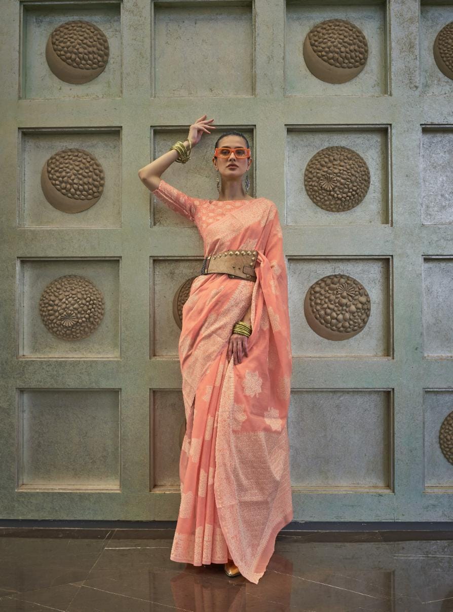 Salmon Peach Weaved Lucknowi Chikankari Saree