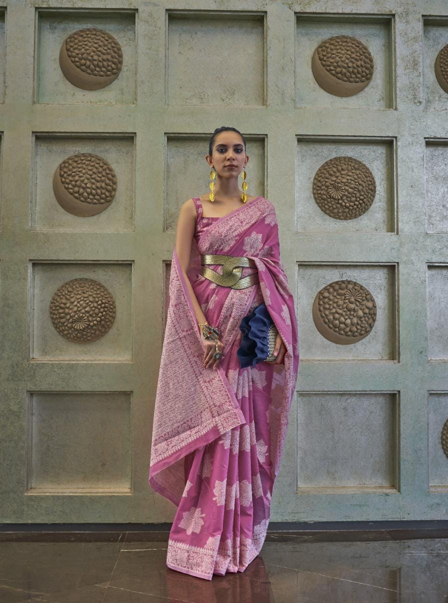 Rouge Pink Weaved Lucknowi Chikankari Saree