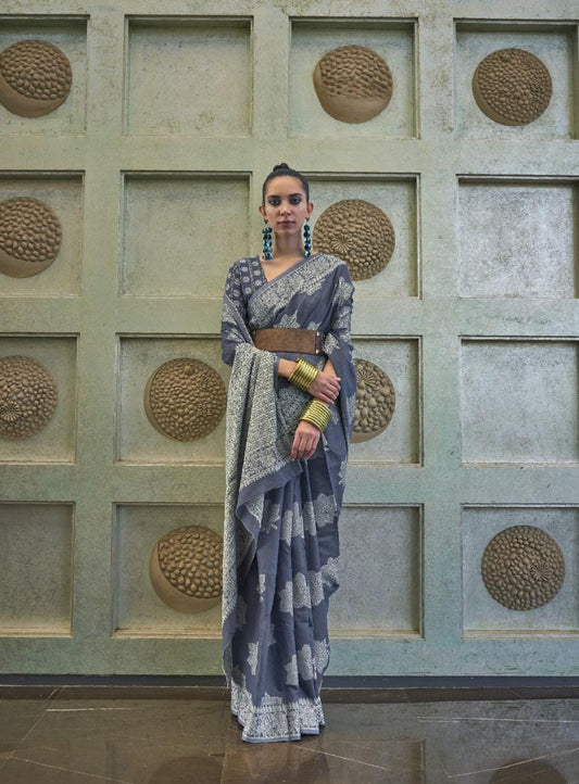 Bluish Grey Weaved Lucknowi Chikankari Saree