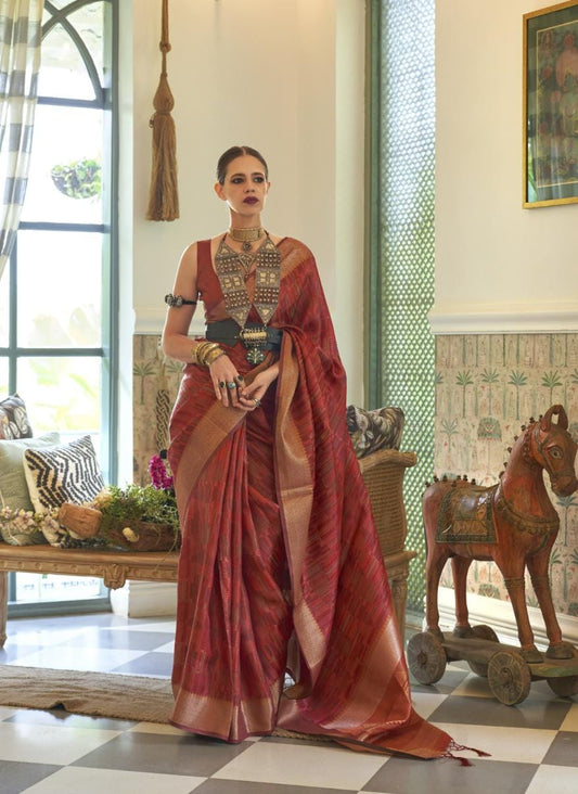 Rustic Red Abstract Pattern Organza Handloom Silk Saree