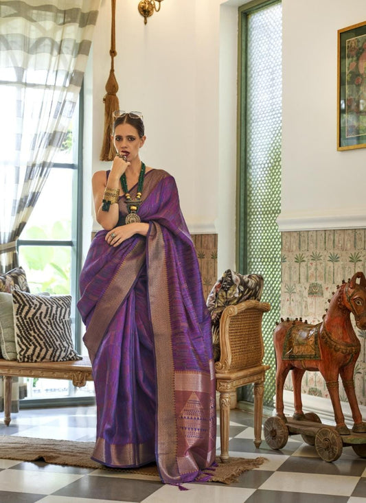 Iris Purple Abstract Pattern Organza Handloom Silk Saree