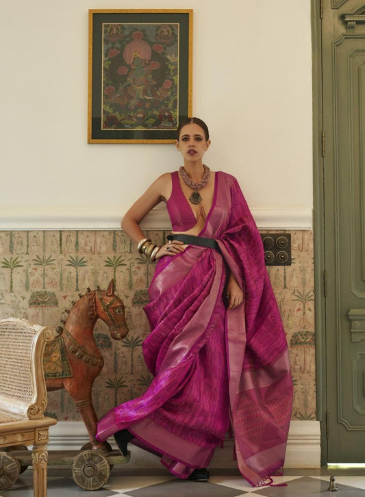 Deep Pink & Purple Abstract Pattern Organza Handloom Silk Saree