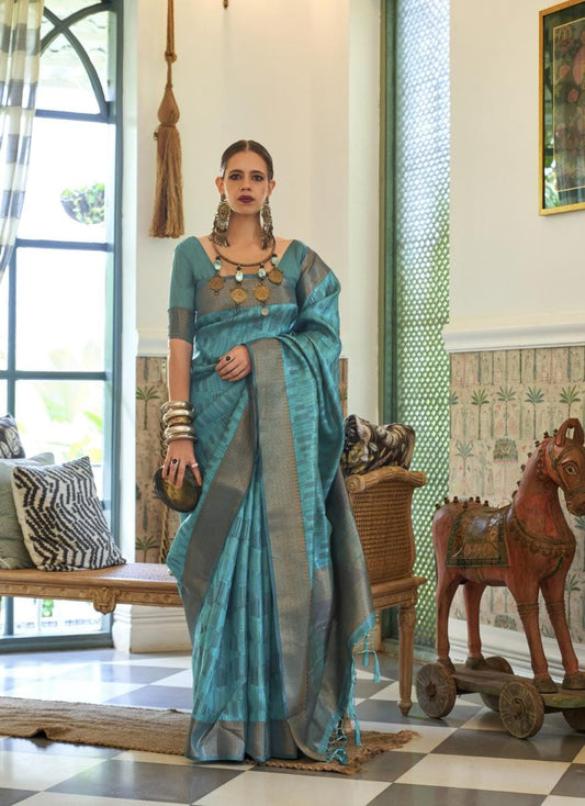 Metallic Blue Abstract Pattern Organza Handloom Silk Saree