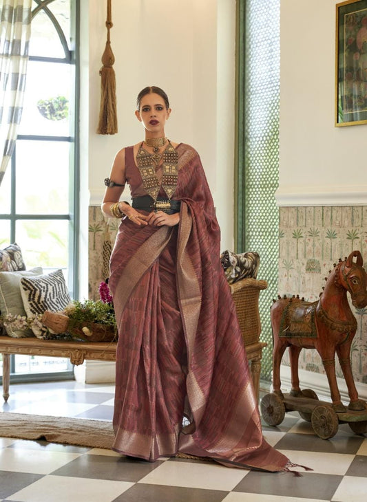 Coffee Brown Abstract Pattern Organza Handloom Silk Saree