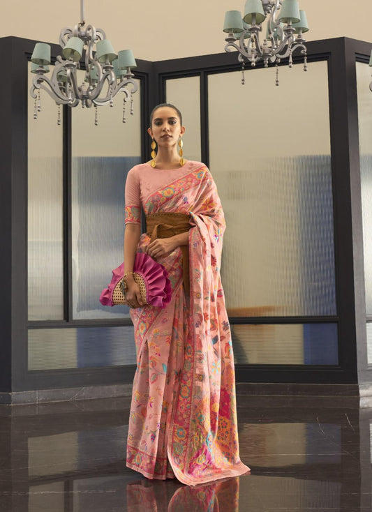 Pastel Peach Kashmiri Floral Weaved Jamewar Silk Saree