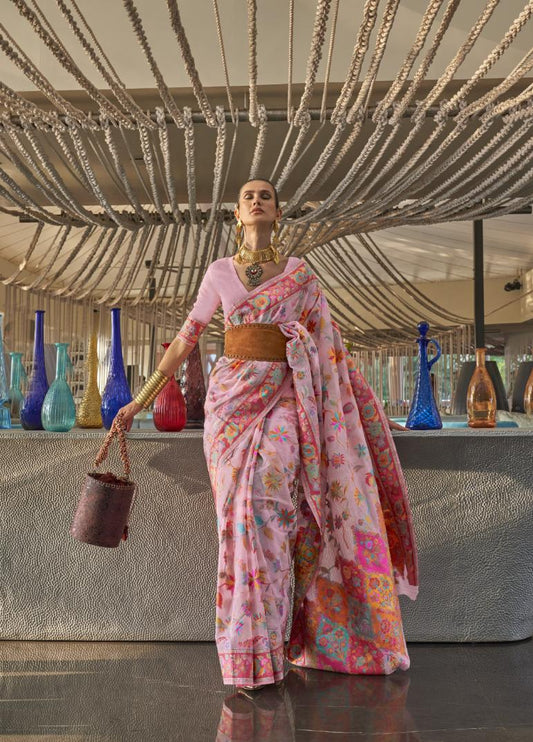 Light Pink Kashmiri Floral Weaved Jamewar Silk Saree