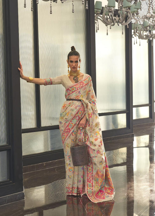 Offwhite Kashmiri Floral Weaved Jamewar Silk Saree