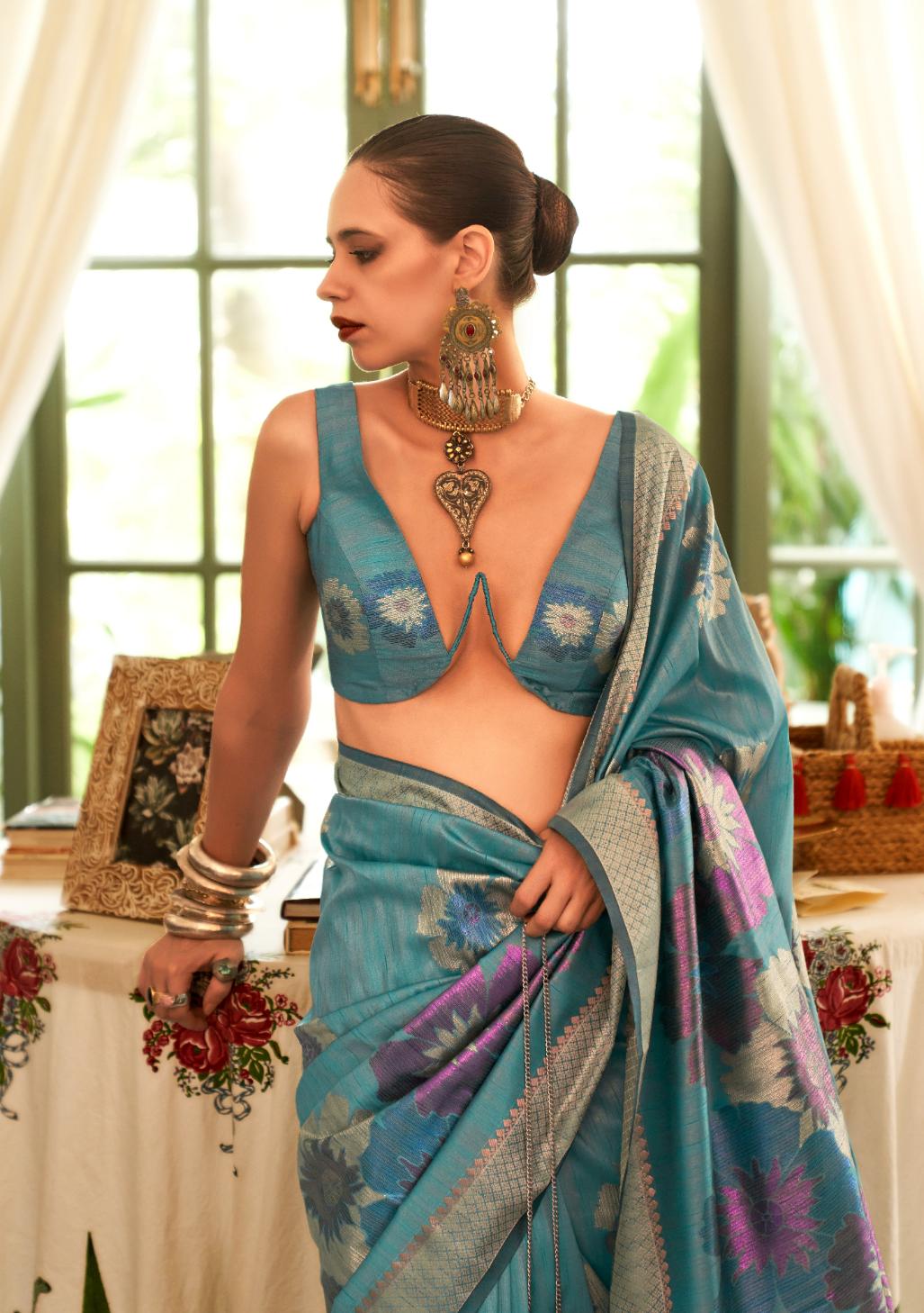 Metallic Blue Zari Woven Dahlia Handloom Silk Saree