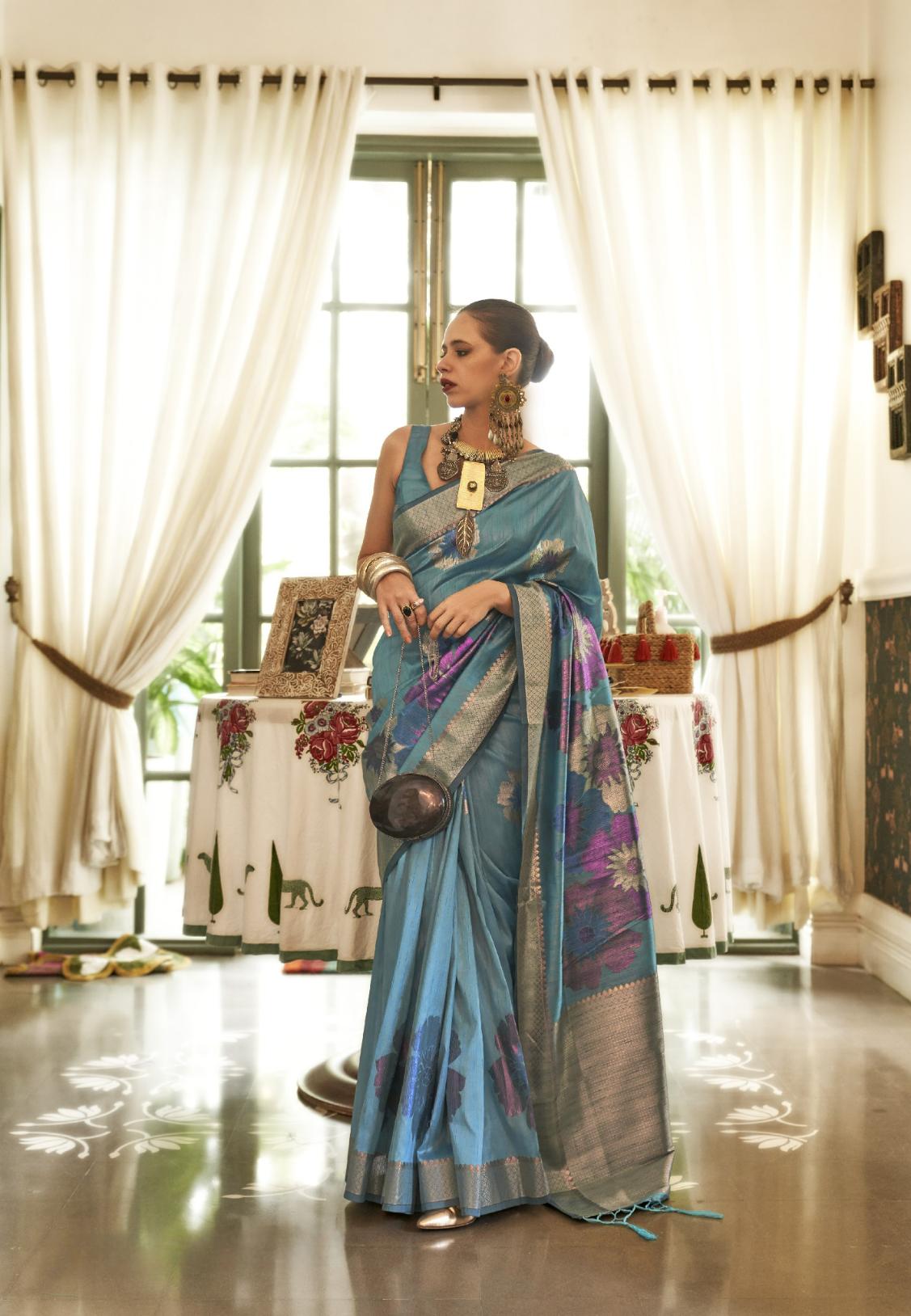 Metallic Blue Zari Woven Dahlia Handloom Silk Saree