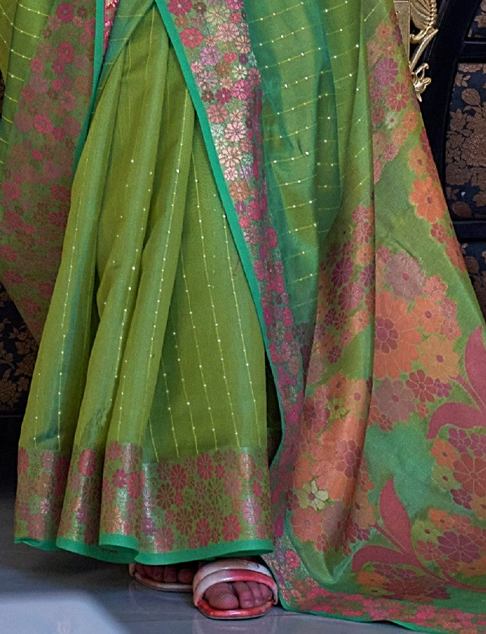 Parrot Green Organza Silk Saree With Sequins