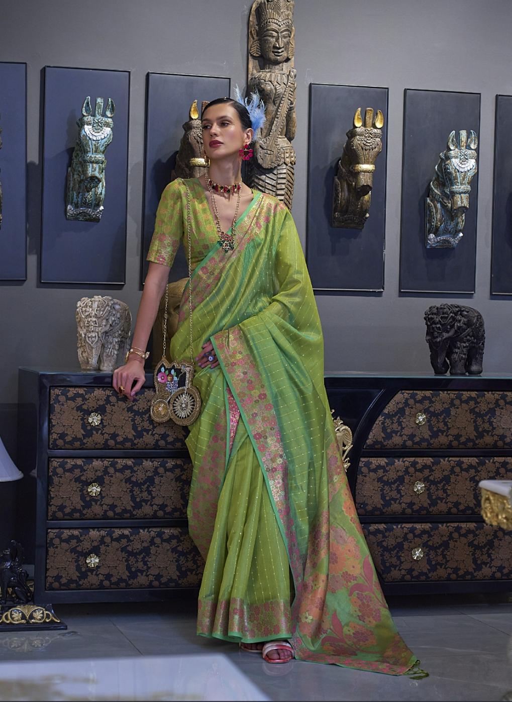 Parrot Green Organza Silk Saree With Sequins