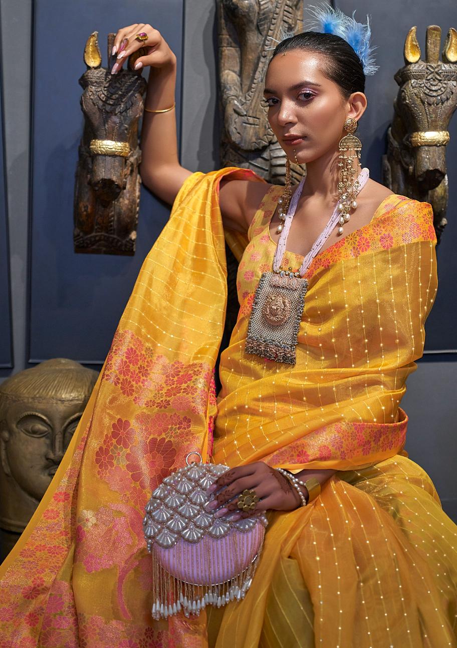 Cadmium Yellow Organza Silk Saree With Sequins