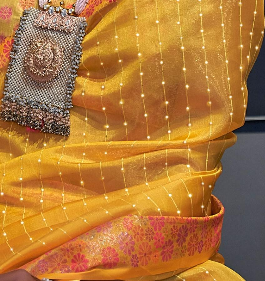 Cadmium Yellow Organza Silk Saree With Sequins