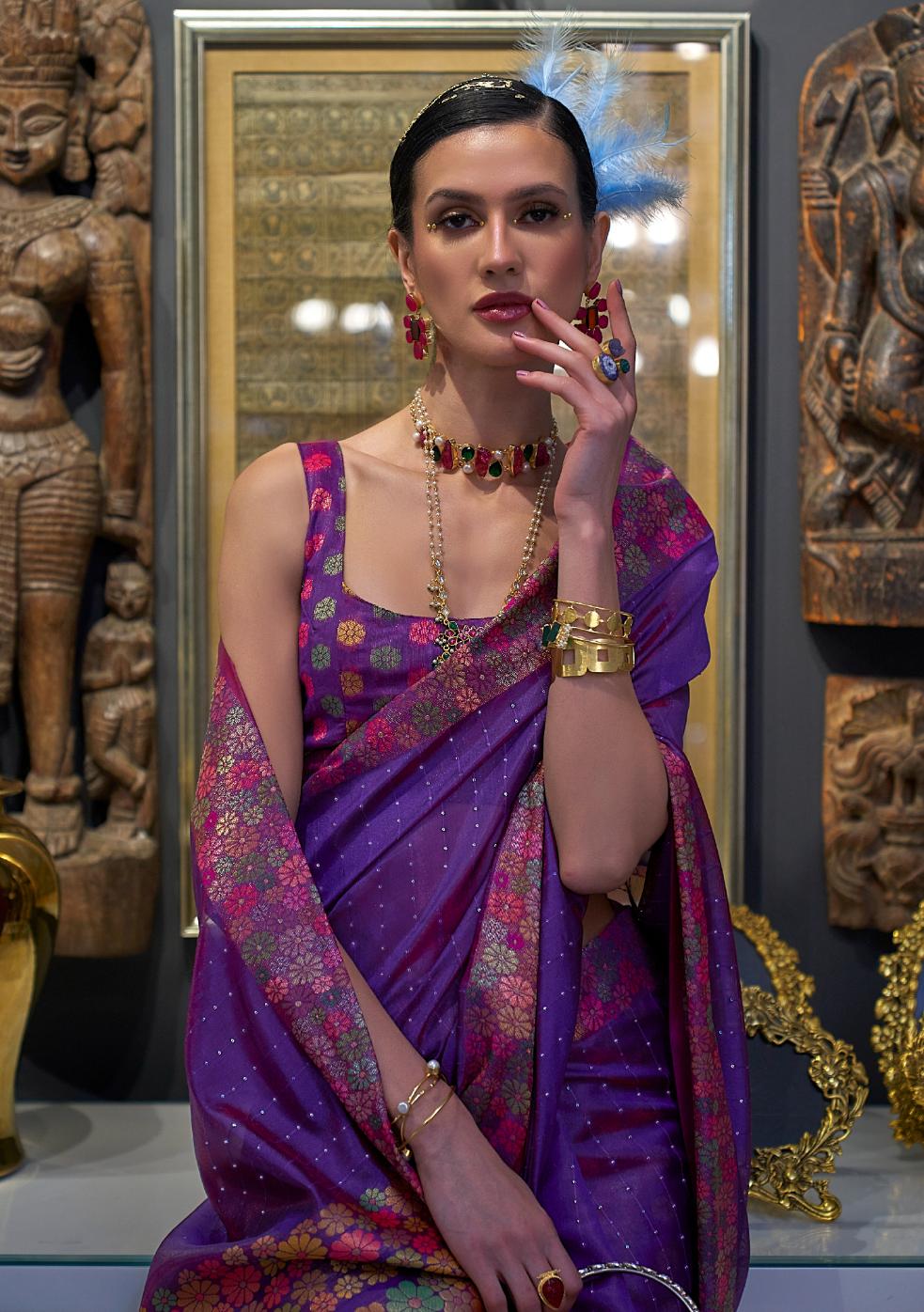 Fresh Purple Organza Silk Saree With Sequins