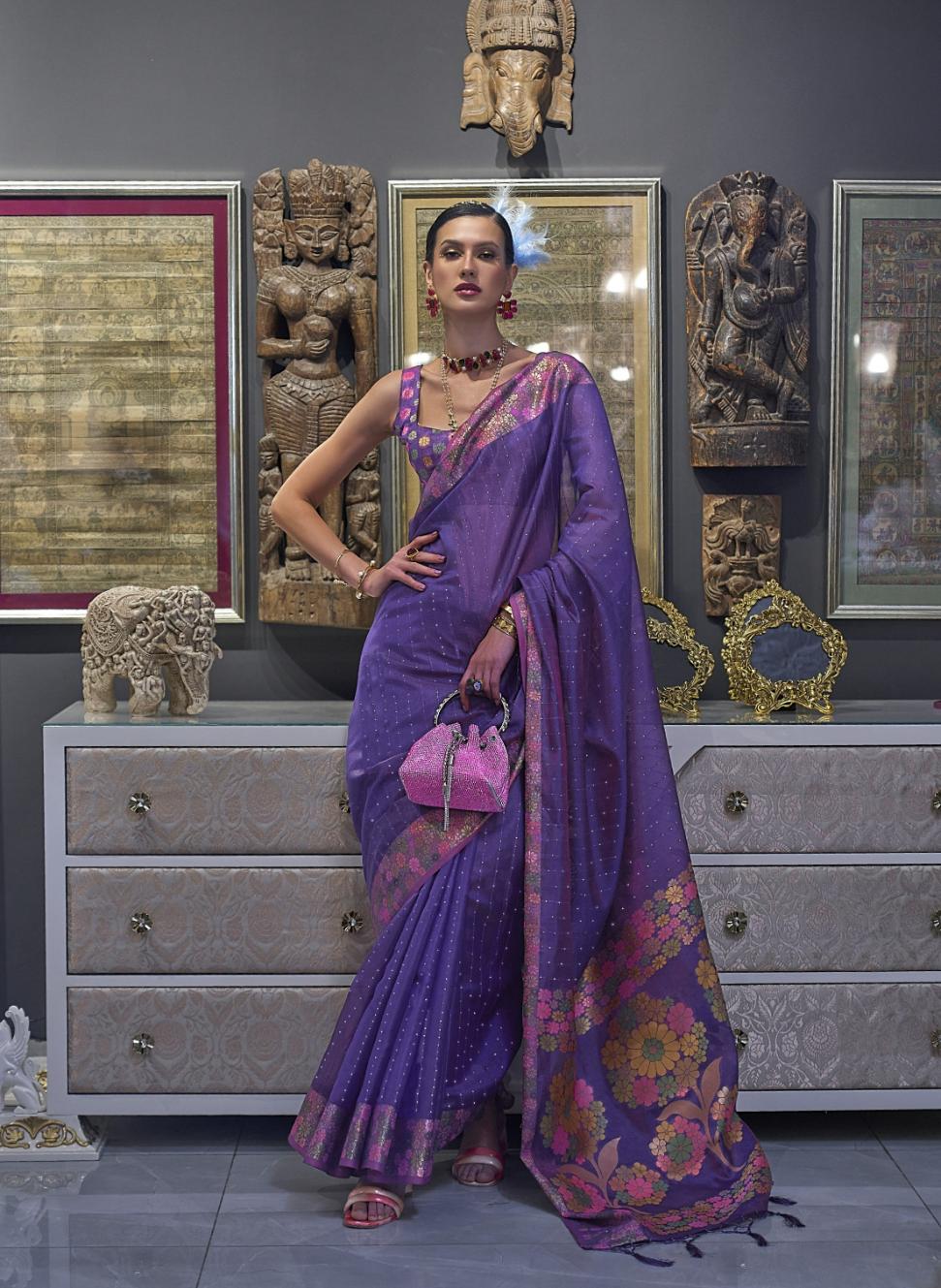 Fresh Purple Organza Silk Saree With Sequins