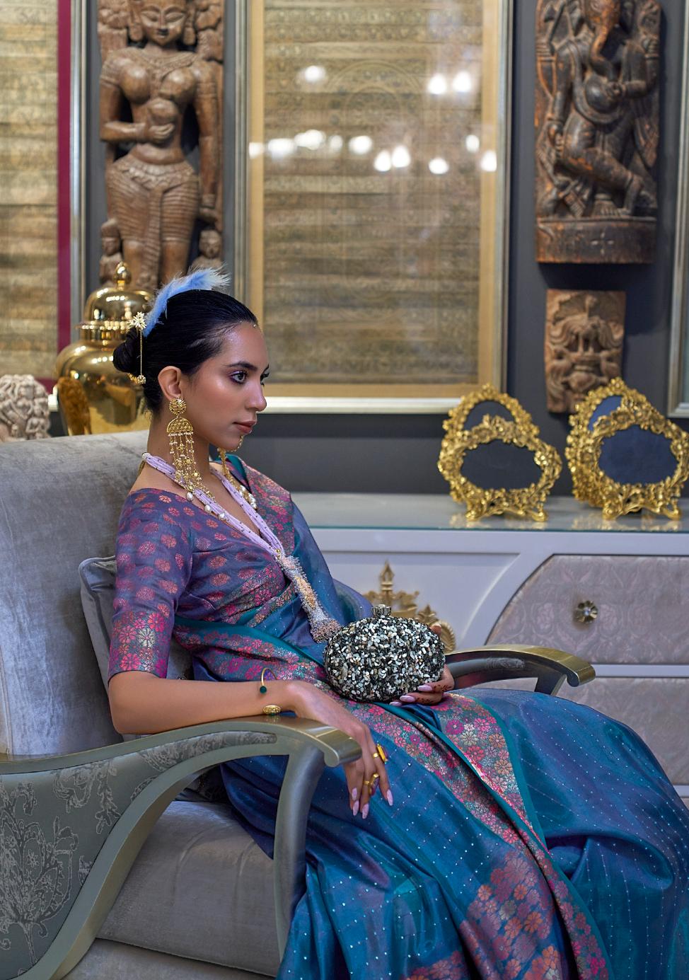 Admiral Blue Organza Silk Saree With Sequins