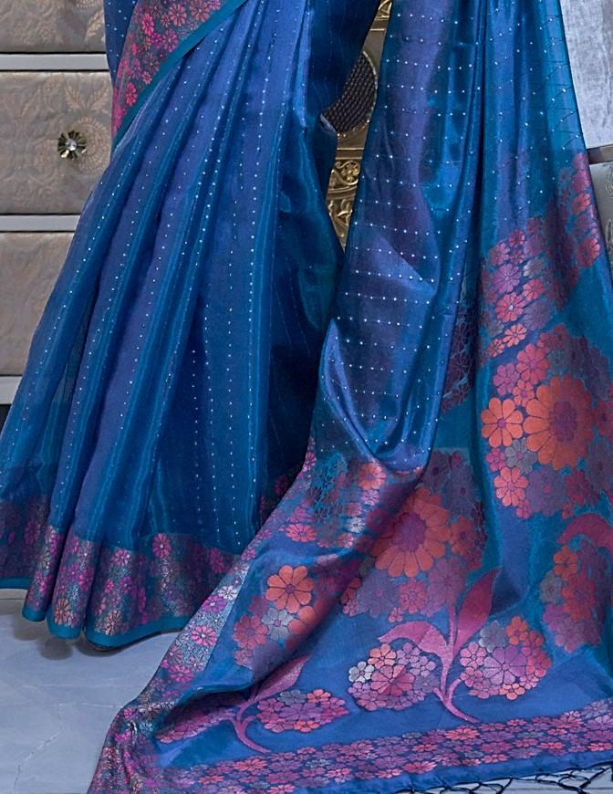 Admiral Blue Organza Silk Saree With Sequins