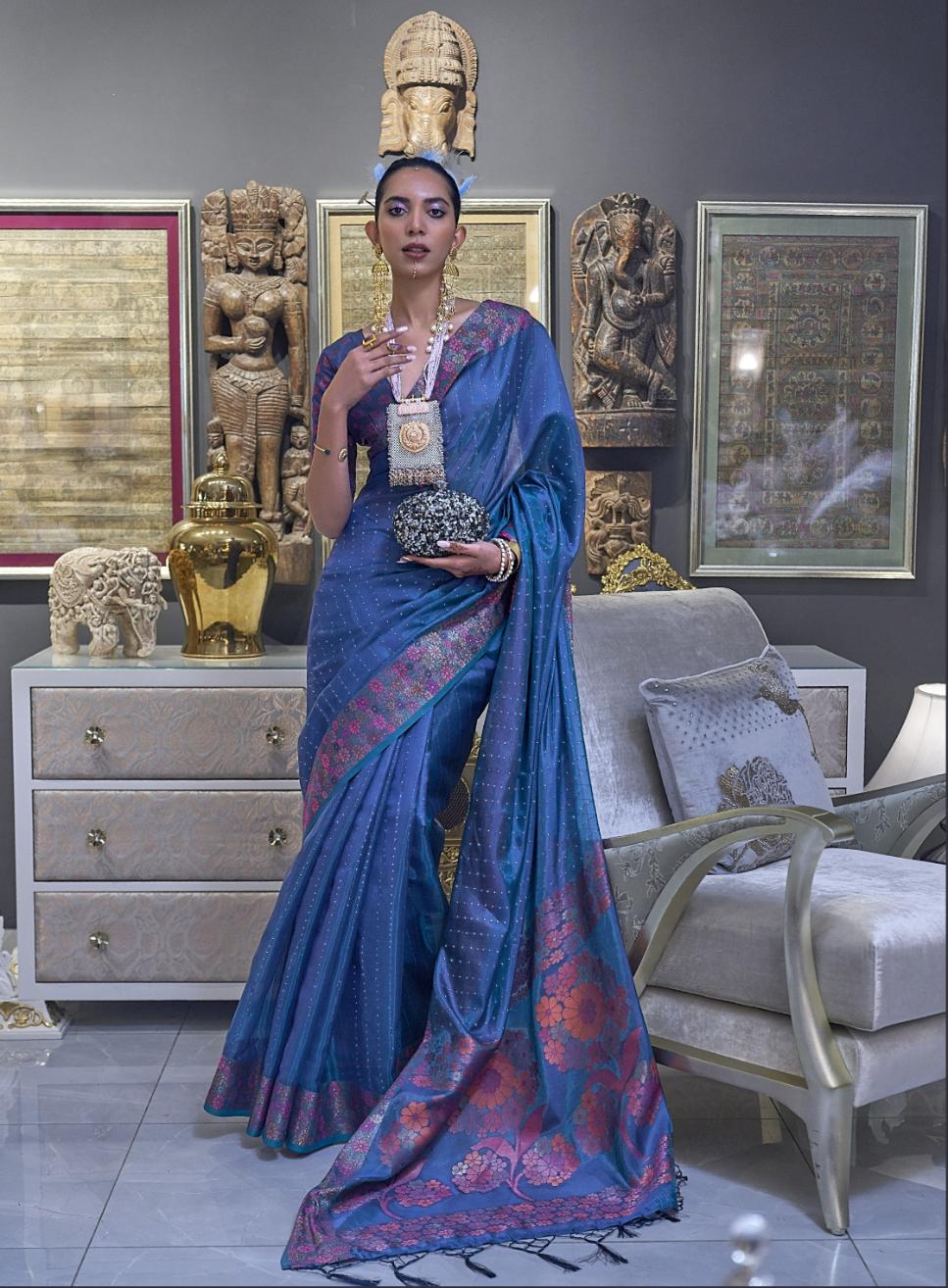 Admiral Blue Organza Silk Saree With Sequins