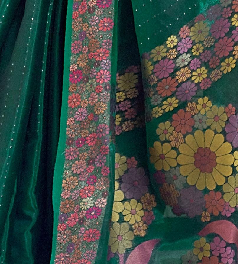 Forest Green Organza Silk Saree With Sequins