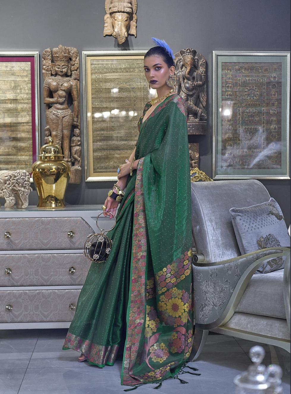 Forest Green Organza Silk Saree With Sequins