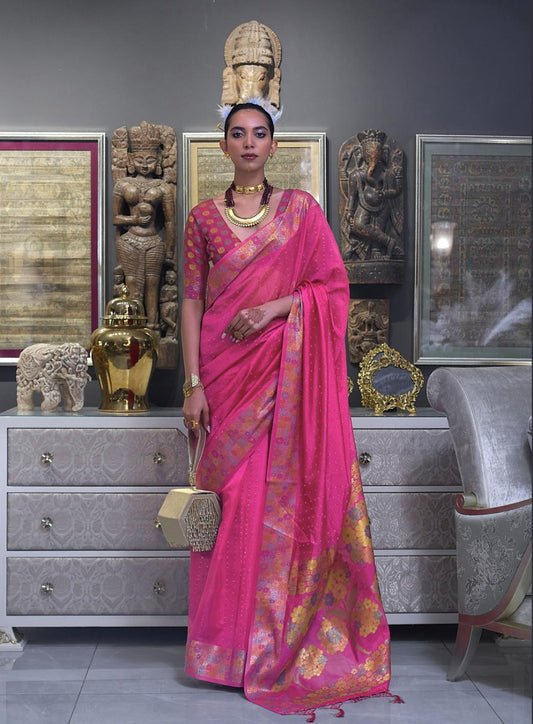 Fuschia Pink Organza Silk Saree With Sequins