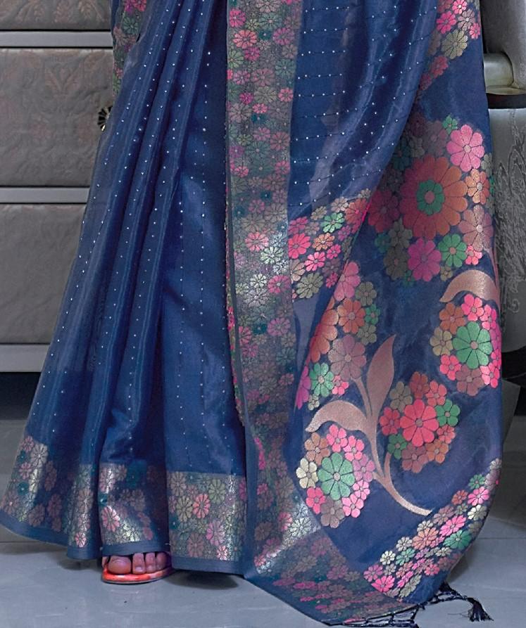 Indigo Blue Organza Silk Saree With Sequins