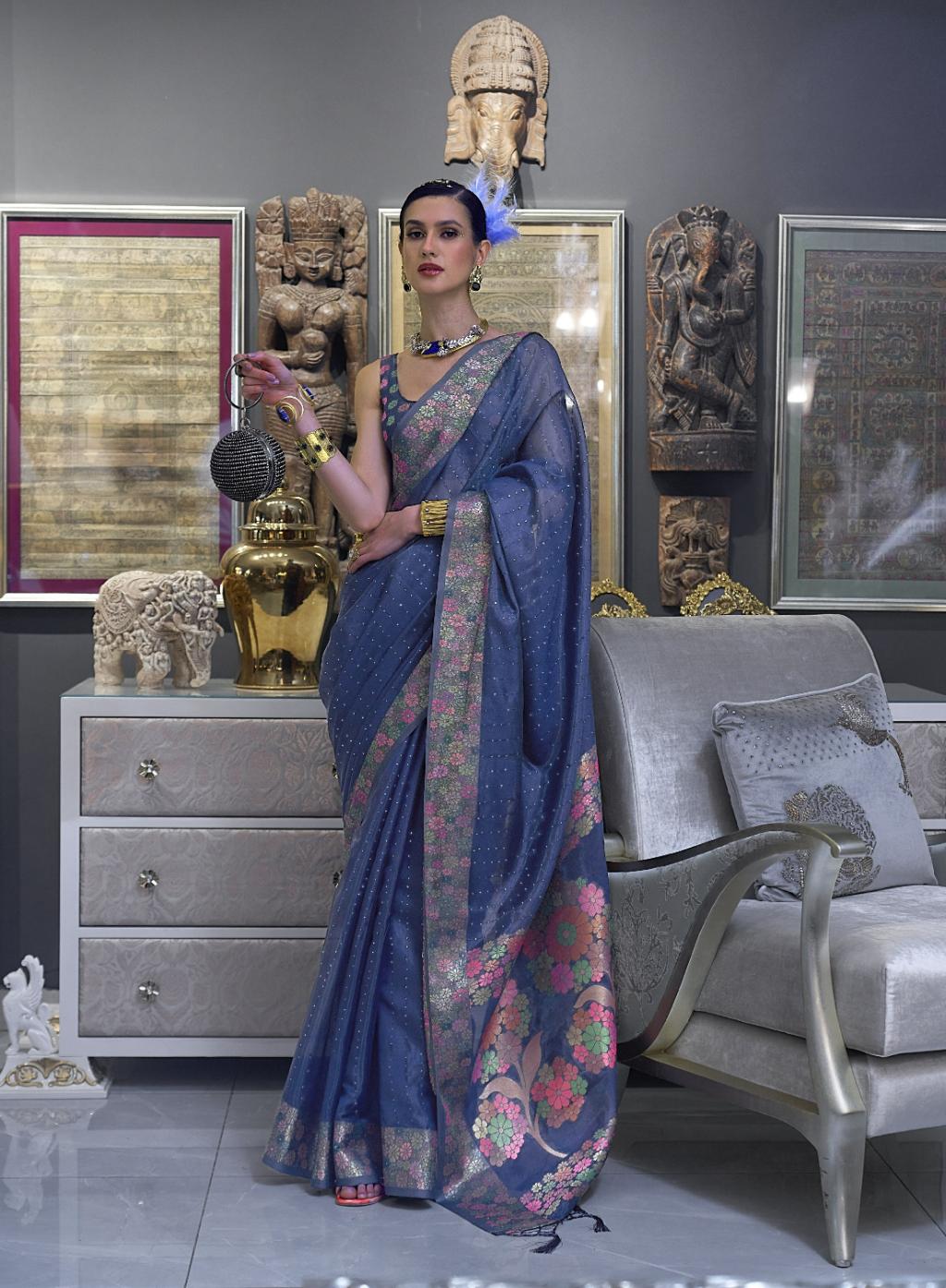 Indigo Blue Organza Silk Saree With Sequins