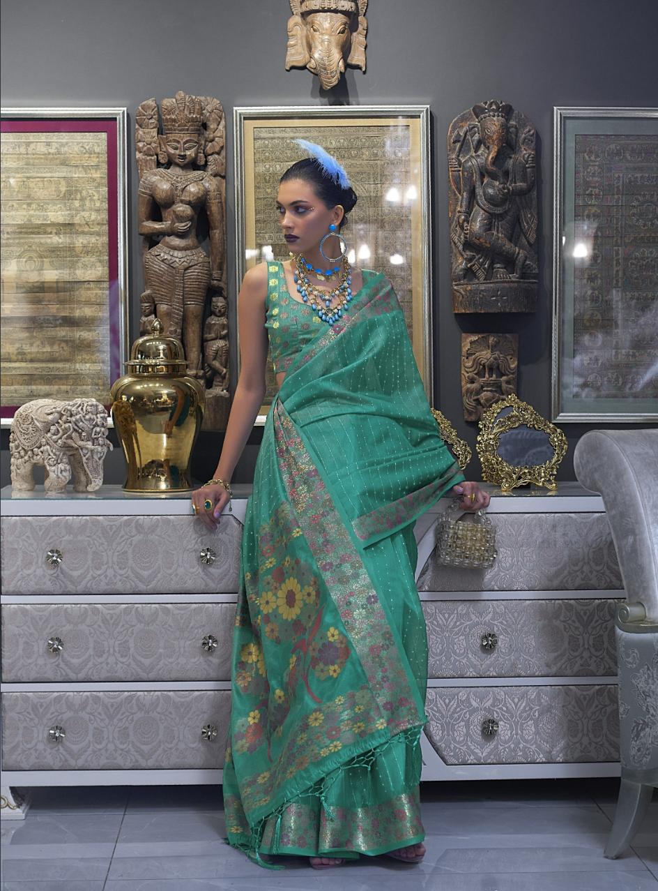 Fern Green Organza Silk Saree With Sequins