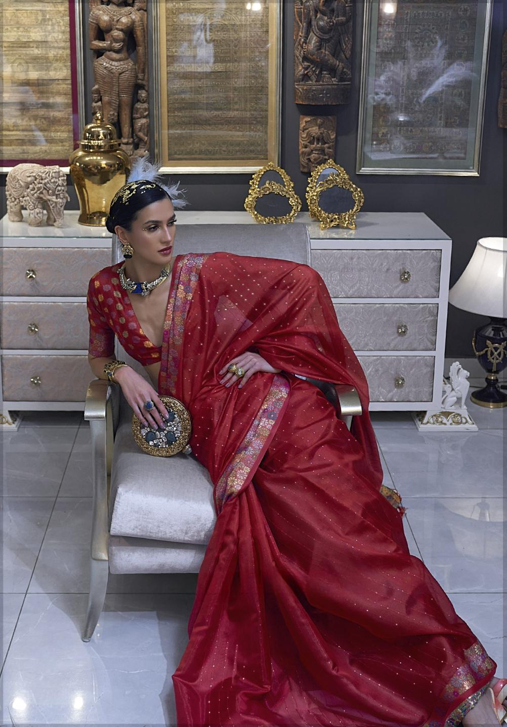 Deep Red Organza Silk Saree With Sequins