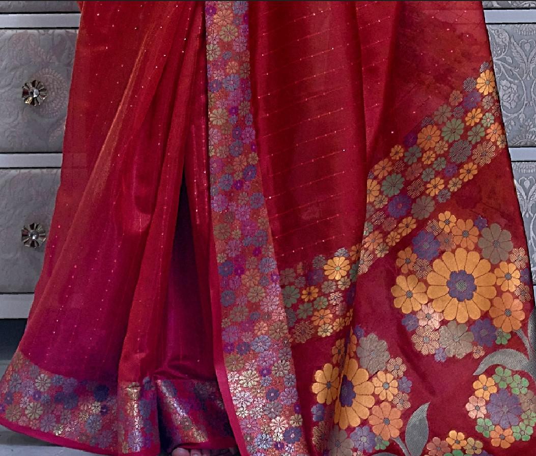 Deep Red Organza Silk Saree With Sequins