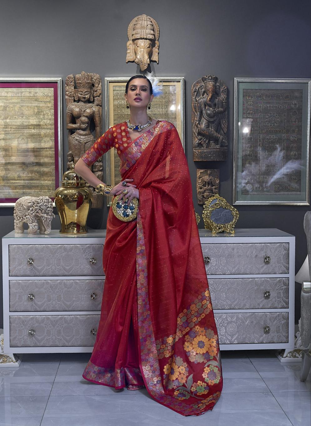 Deep Red Organza Silk Saree With Sequins