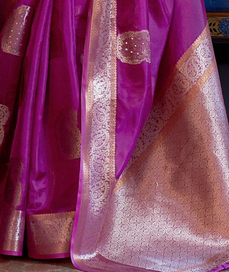 Deep Magenta Organza Silk Handloom Saree With Sequins