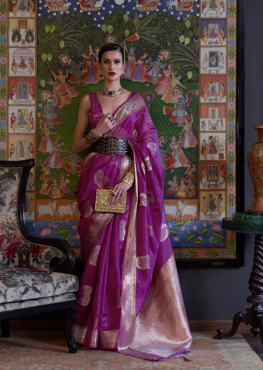 Deep Magenta Organza Silk Handloom Saree With Sequins