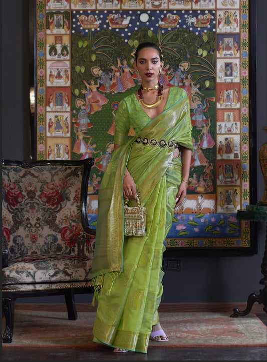 Parrot Green Organza Silk Handloom Saree With Sequins