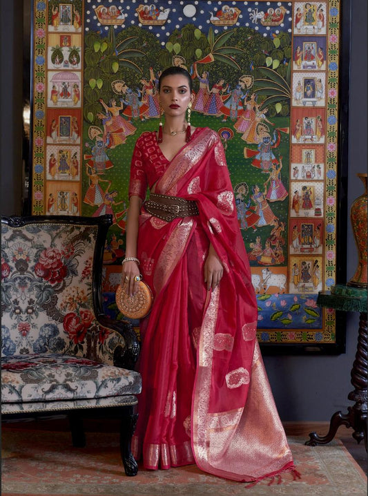 Tangerine Red Organza Silk Handloom Saree With Sequins