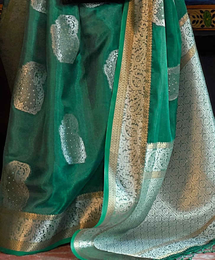 Forest Green Organza Silk Handloom Saree With Sequins