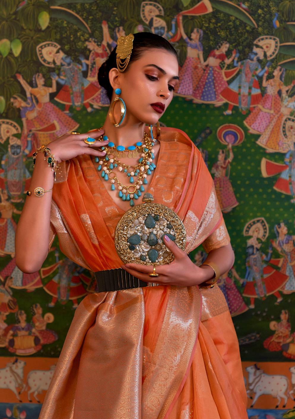 Grapefruit Orange Organza Silk Handloom Saree With Sequins