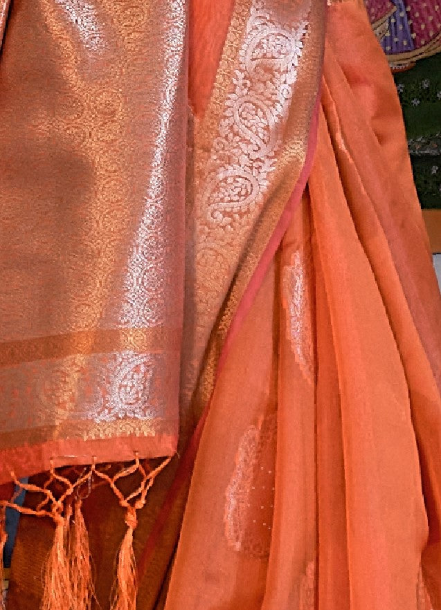 Grapefruit Orange Organza Silk Handloom Saree With Sequins