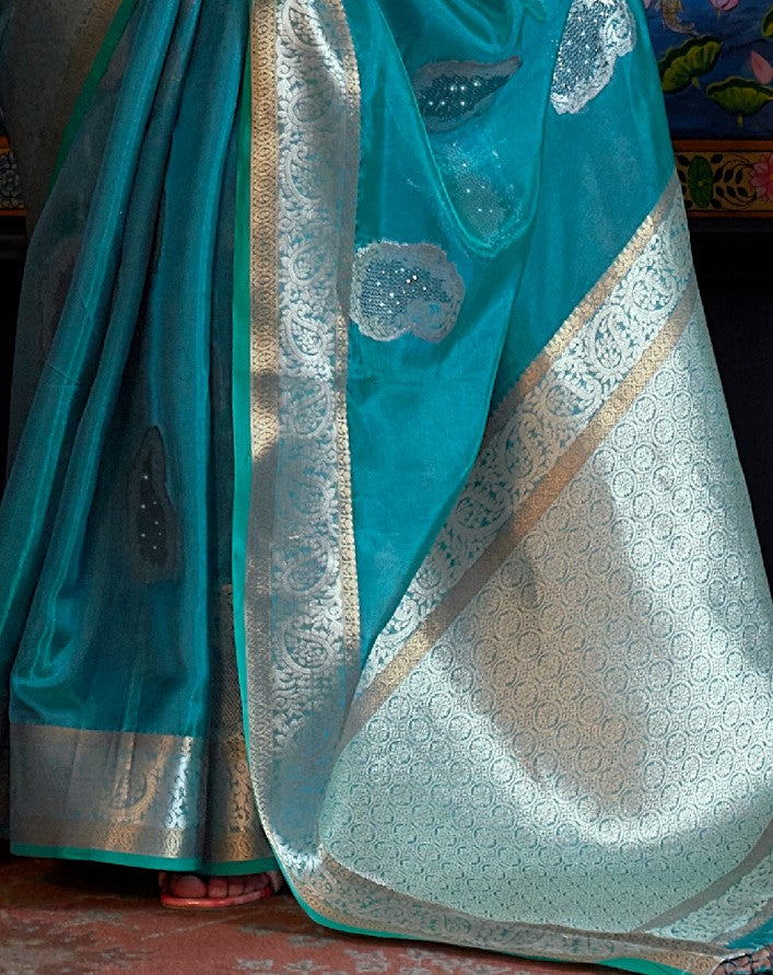 Teal Blue Organza Silk Handloom Saree With Sequins
