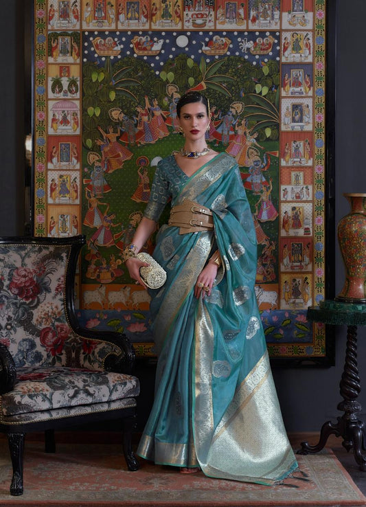 Teal Blue Organza Silk Handloom Saree With Sequins