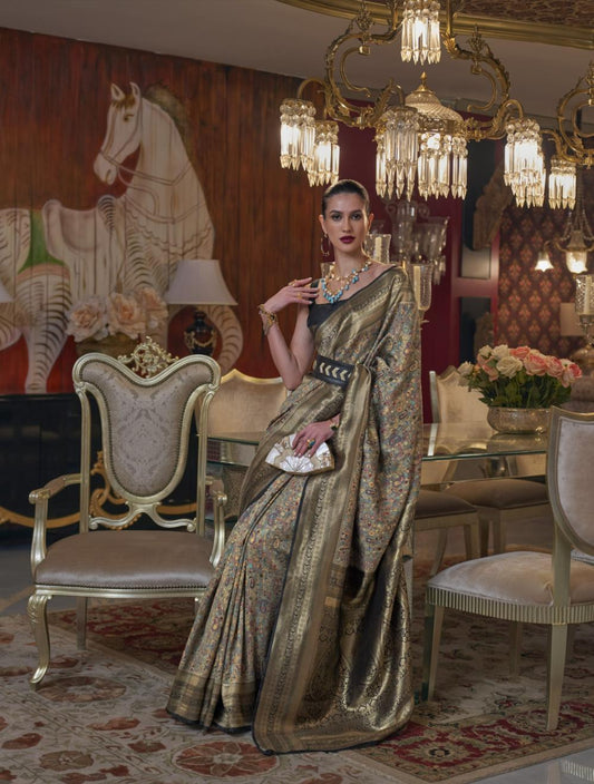 Olive Green Kashmiri Kani Handloom Woven Silk Saree