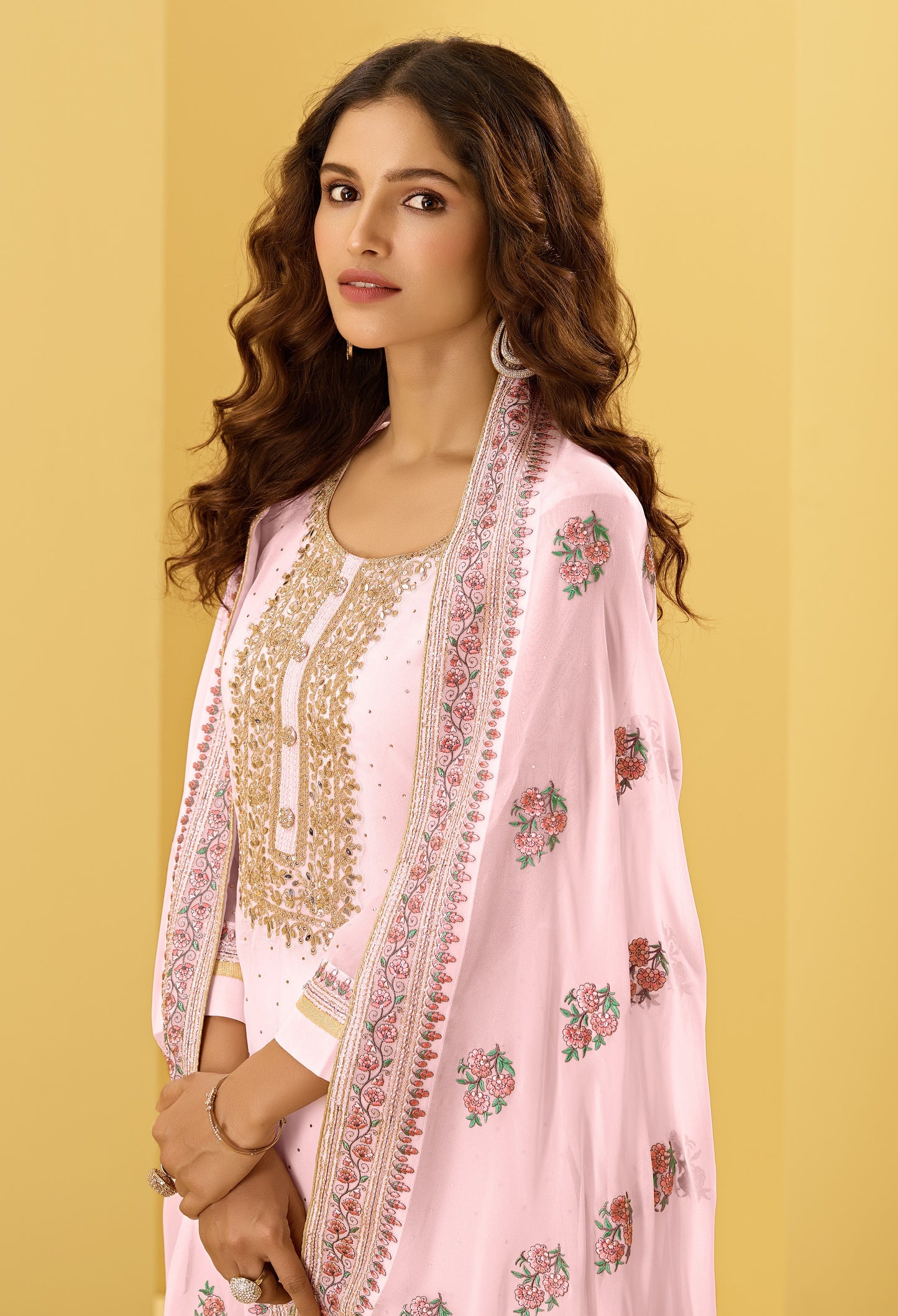 Blush Pink Kashmiri Embroidered Georgette Straight Pant Suit