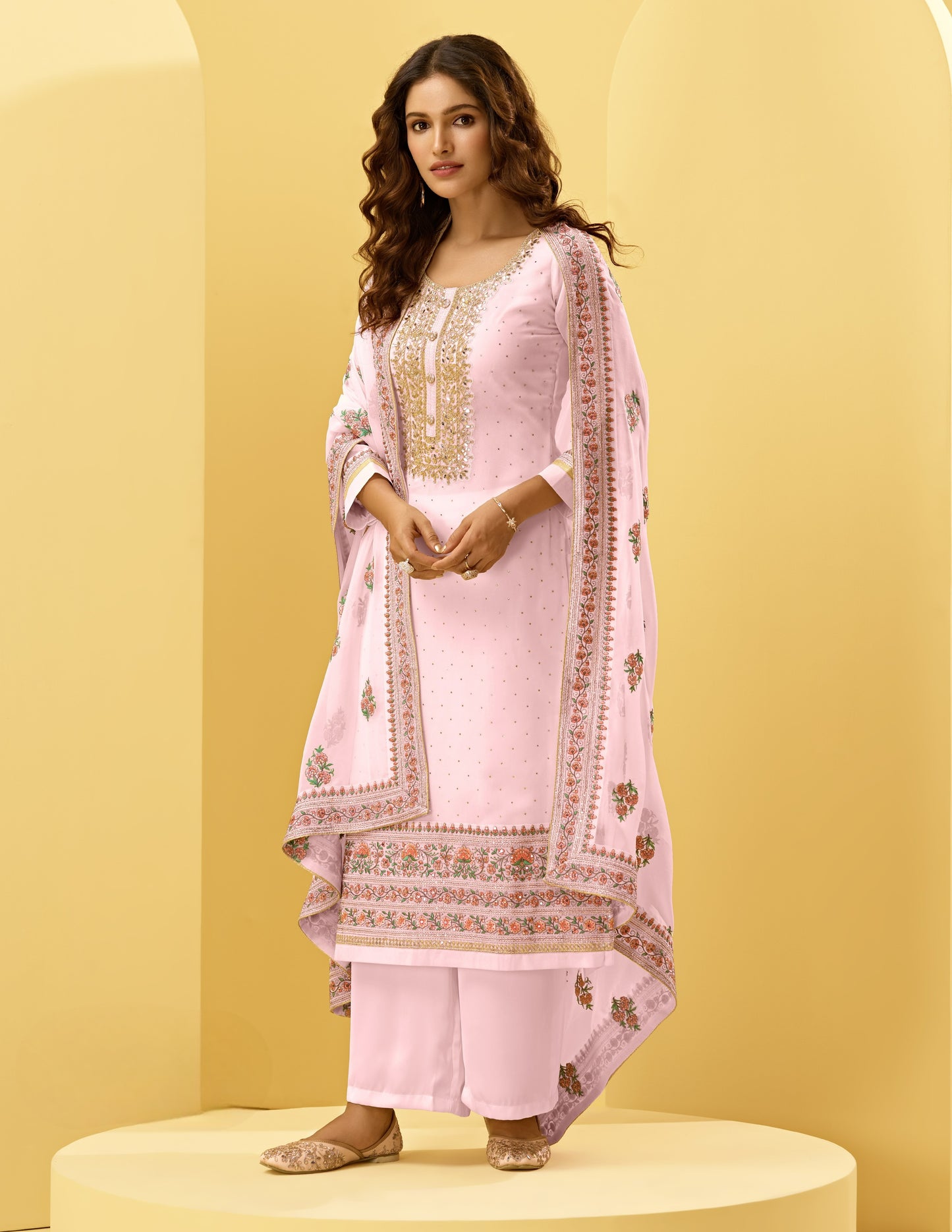 Blush Pink Kashmiri Embroidered Georgette Straight Pant Suit