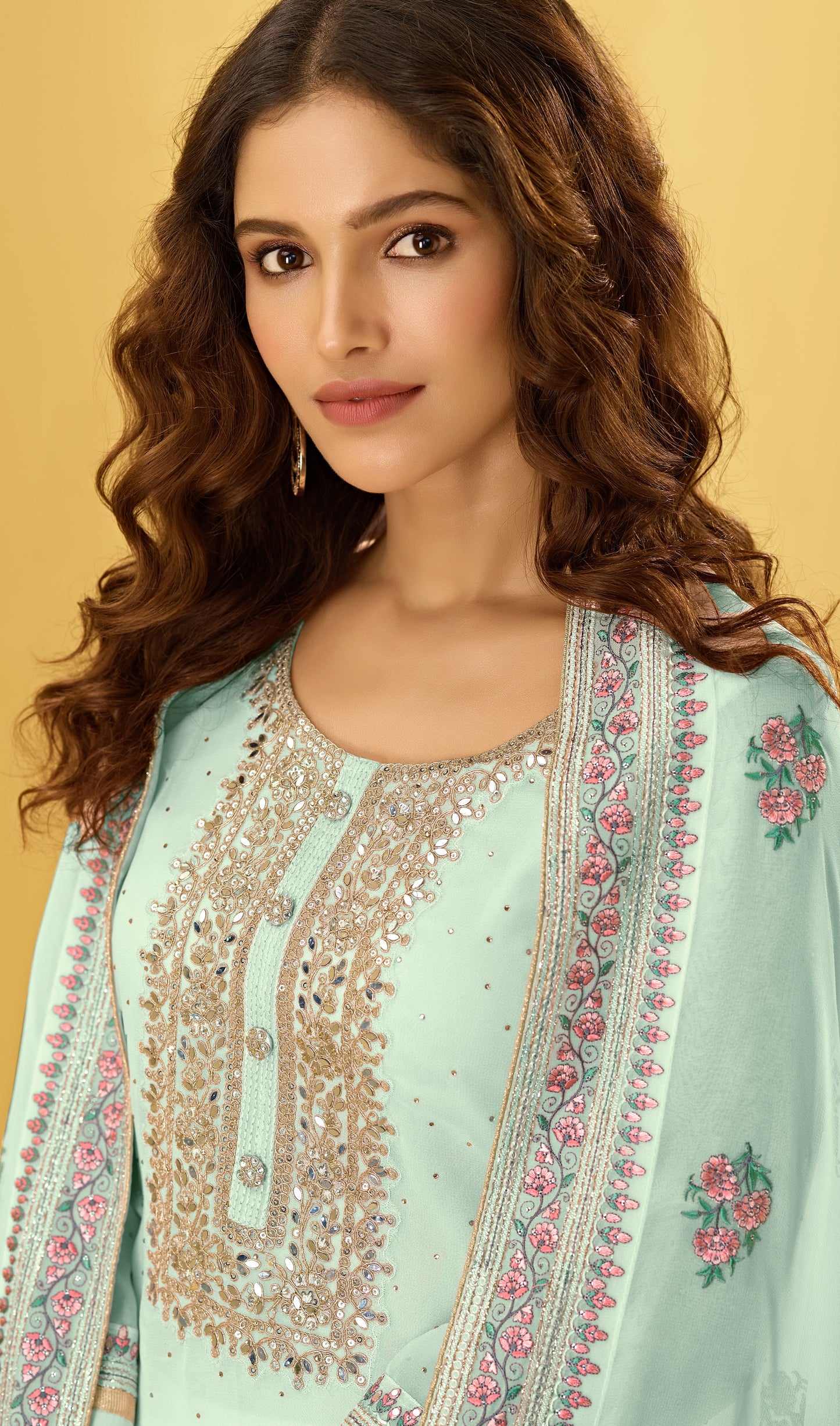 Mirage Teal Kashmiri Embroidered Georgette Straight Pant Suit