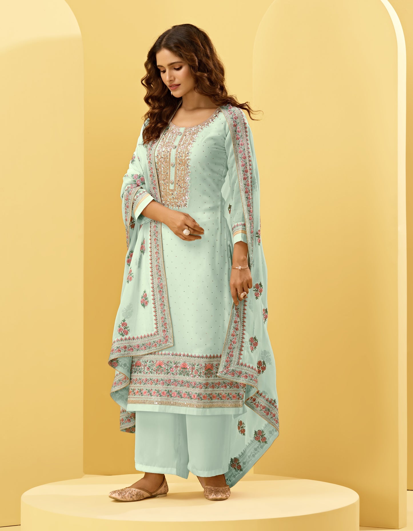 Mirage Teal Kashmiri Embroidered Georgette Straight Pant Suit